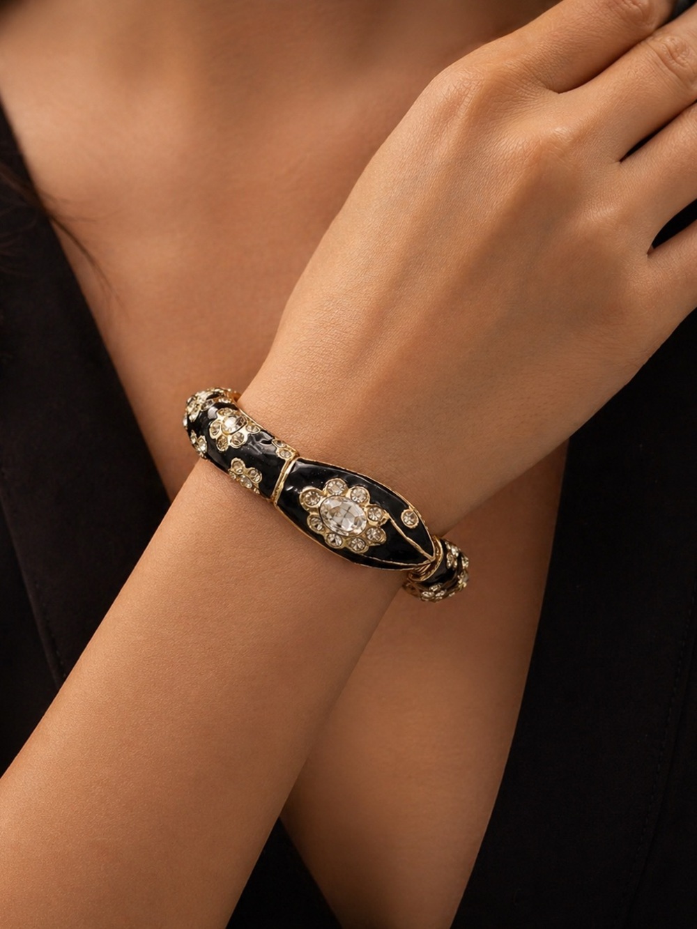 Vintage Kenneth Jay Lane Black Enamel & Crystal Snake Hinged Bangle Bracelet